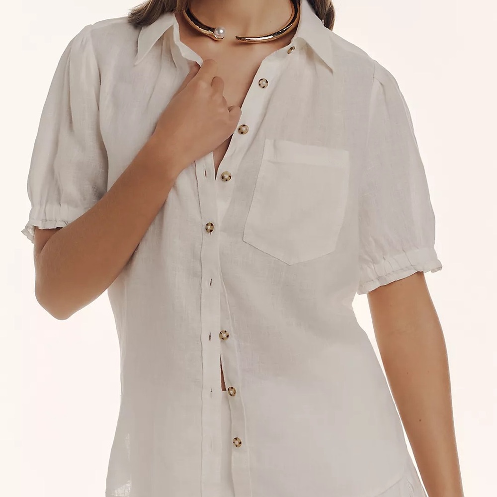 Anthropologie Aly Linen Puff-Sleeve Blouse by Pilcro